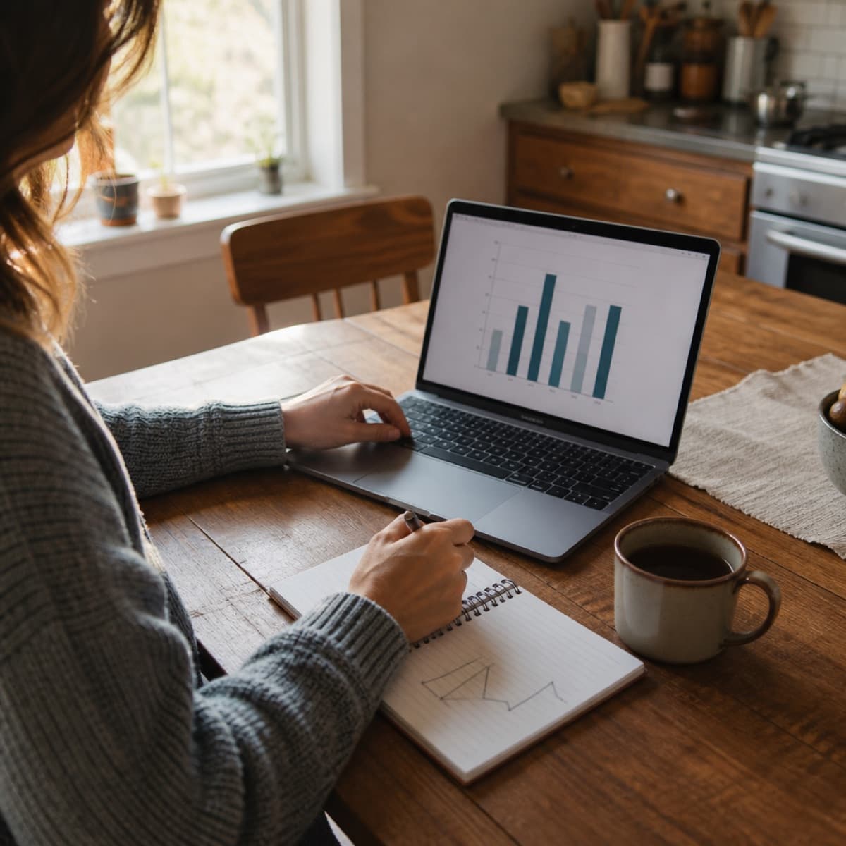 A person at a kitchen table with a laptop showing a bar chart and a hand-drawn graph in a notebook