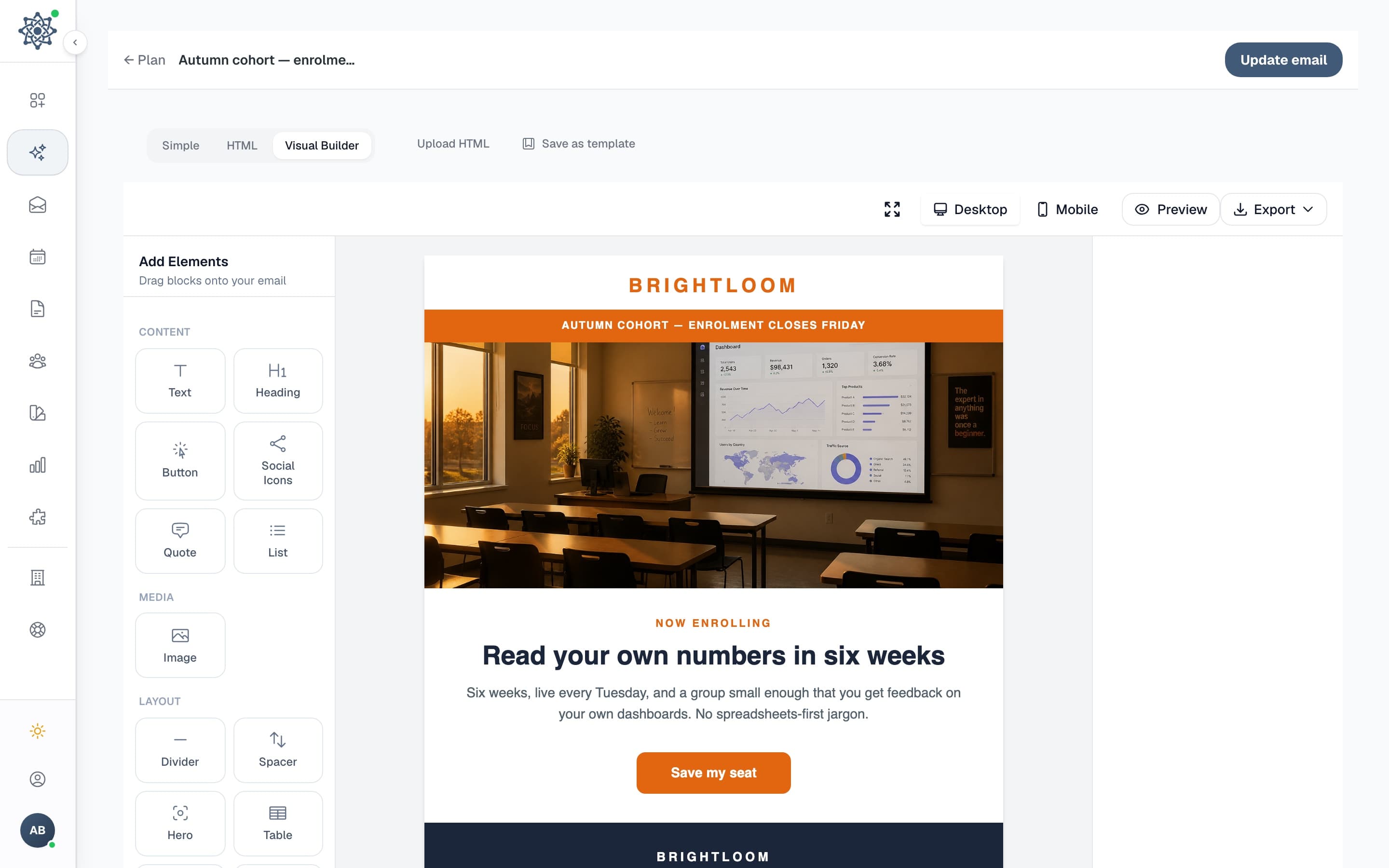A Brightloom campaign email open in the MarketAmp visual builder, with the block palette on the left and the email in the centre