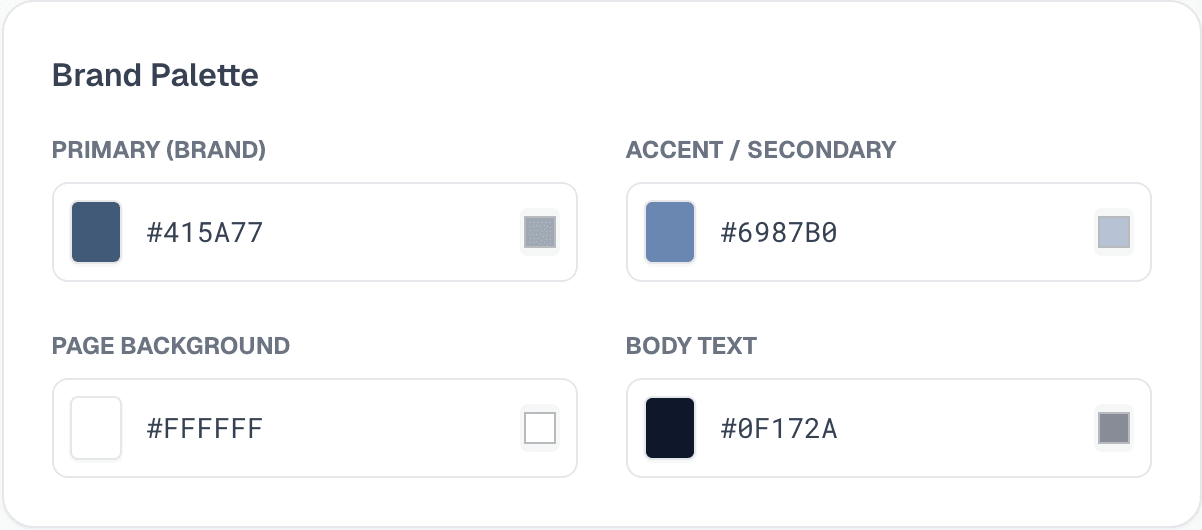 The Brightloom brand palette — primary, accent, background, and text colors