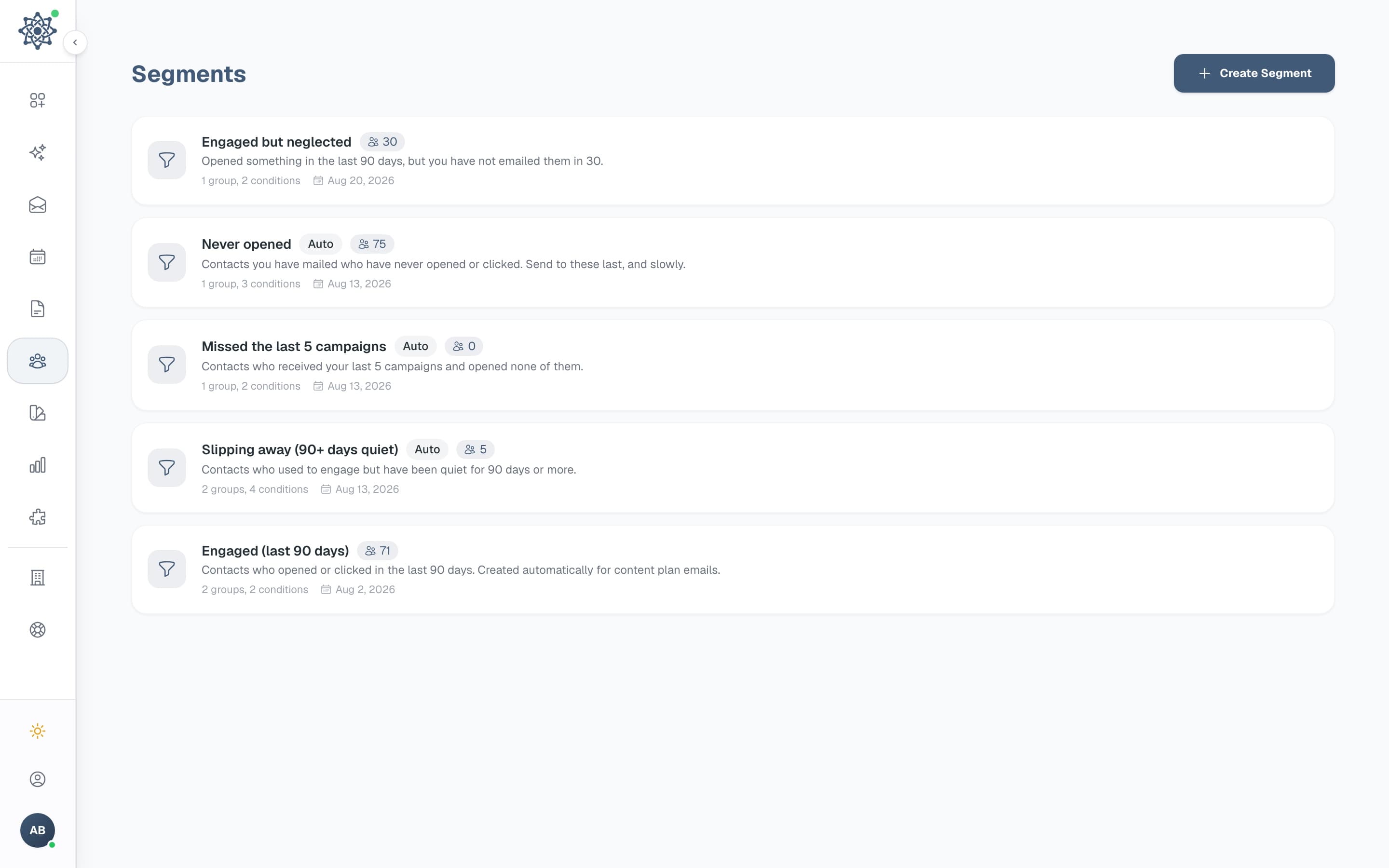 The segment list: engaged but neglected, never opened, missed the last five campaigns, slipping away, engaged in the last 90 days, each with its count