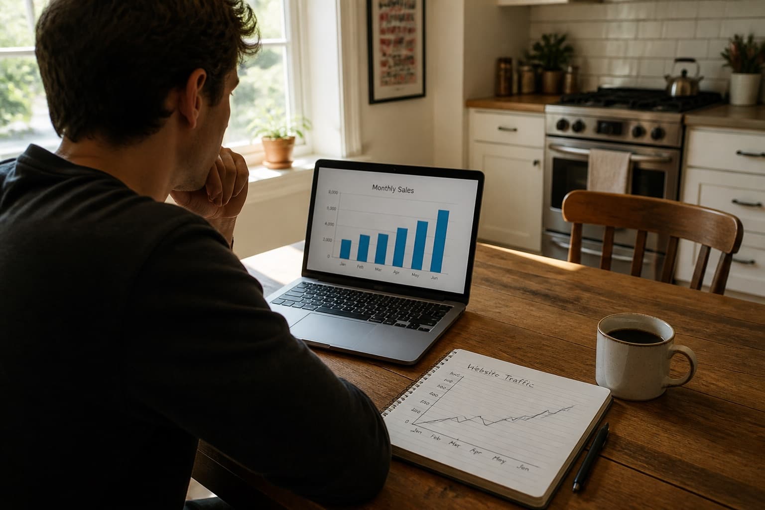 The picture that prompt made: a person at a kitchen table with a laptop showing a bar chart, a notebook and a mug of coffee in morning light