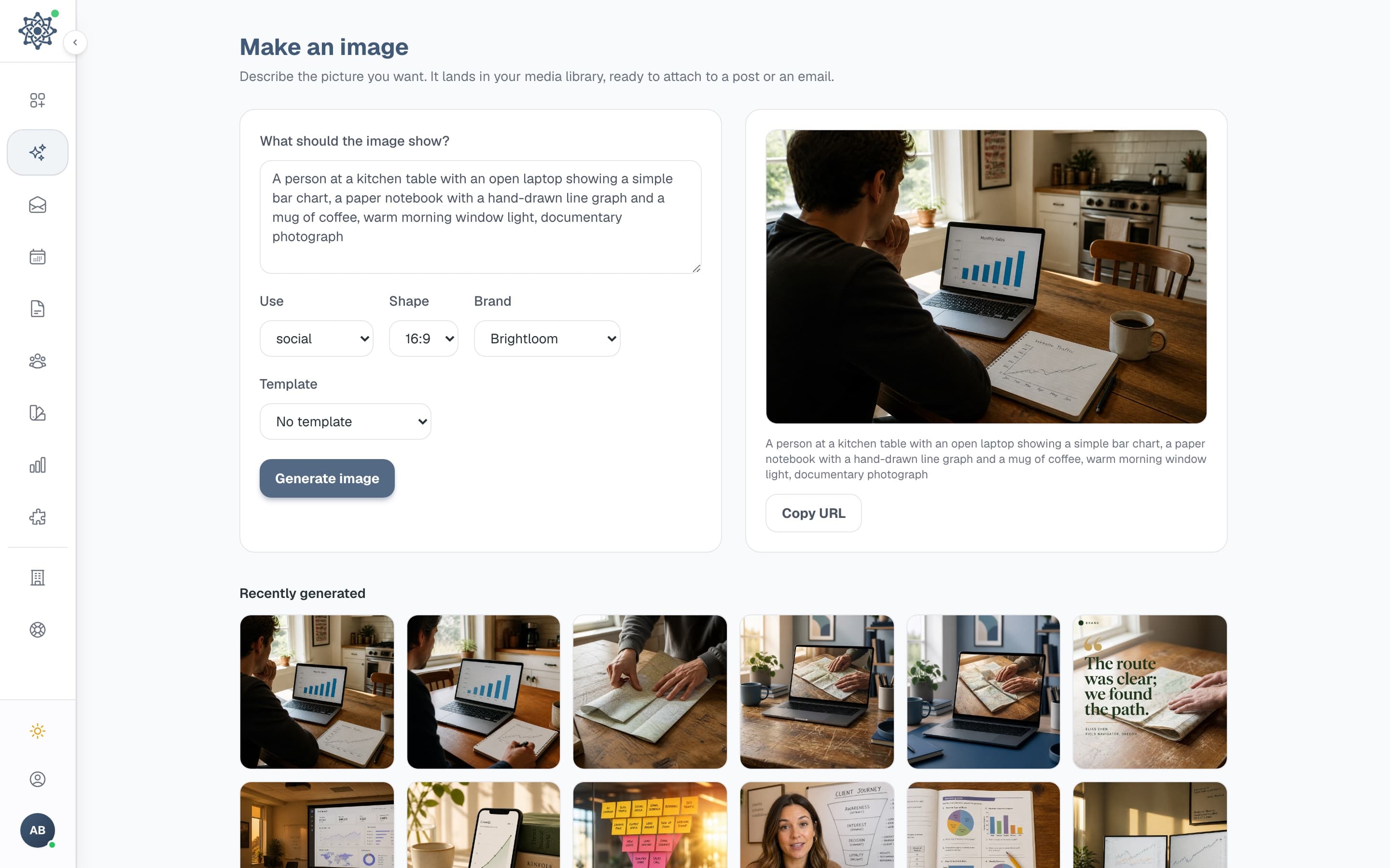 The MarketAmp image studio: the prompt on the left, and the picture it generated from that prompt on the right