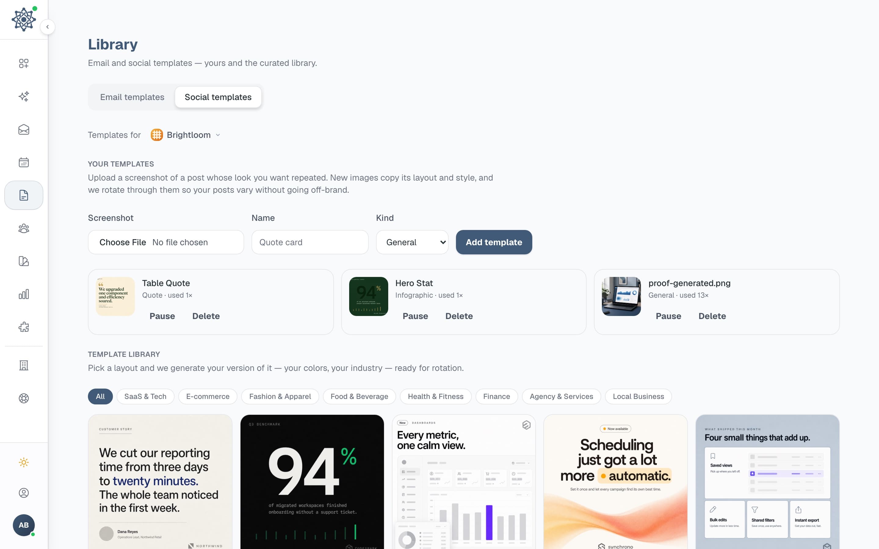 The template library open on the social tab: rows of social layouts with their names